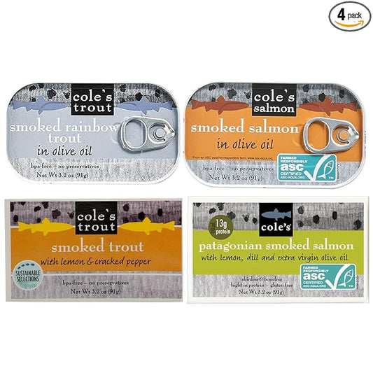 Cole's Patagonian Smoked Salmon & Rainbow Trout Sampler Pack, 3.2oz Cans | Hand-Packed in Extra Virgin Olive Oil & Spices | Canned Salmon & Trout 4 Pack
