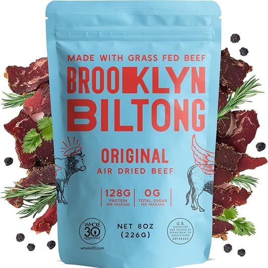 Brooklyn Biltong Air Dried Grass Fed Beef Snack, South African Beef Jerky (8 oz, Pack of 1) - Whole30 Approved, Paleo, Keto, Gluten Free, Sugar Free, Made in USA - (Original)