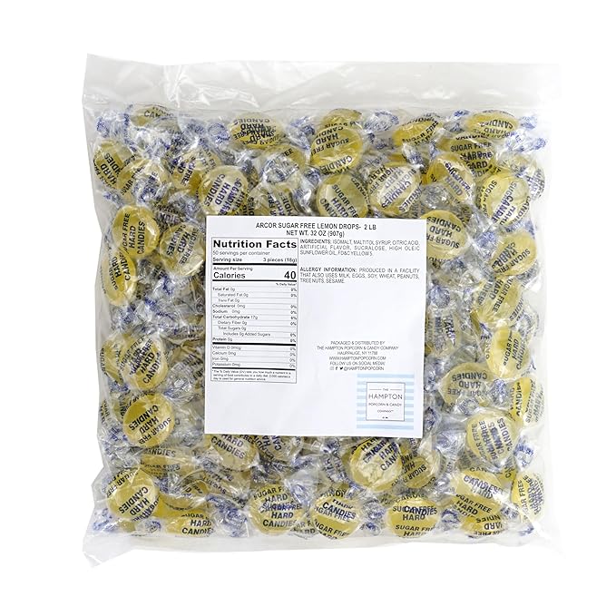 Arcor Sugar Free Lemon Drops, 2 Pound Bulk Bag (Approx. 140 Pieces), Individually Wrapped Hard Candy, The Hampton Popcorn & Candy Company