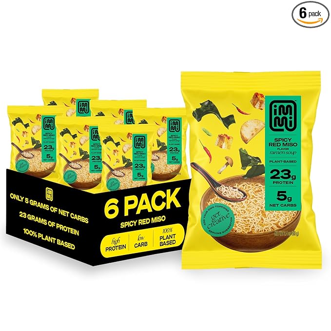 immi Spicy Red Miso Ramen, 100% Plant Based, Keto Friendly, Low Carb, High Protein, Packaged Noodle Meal Kit, Ready to Eat, 6 Pack