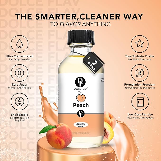 Dolce Flav Peach Extract – 2 Ounce Oil-Soluble Kosher, Sugar-Free, Concentrated Juicy Peach Flavoring for Baking, Chocolates & Desserts, Includes Measured Dropper