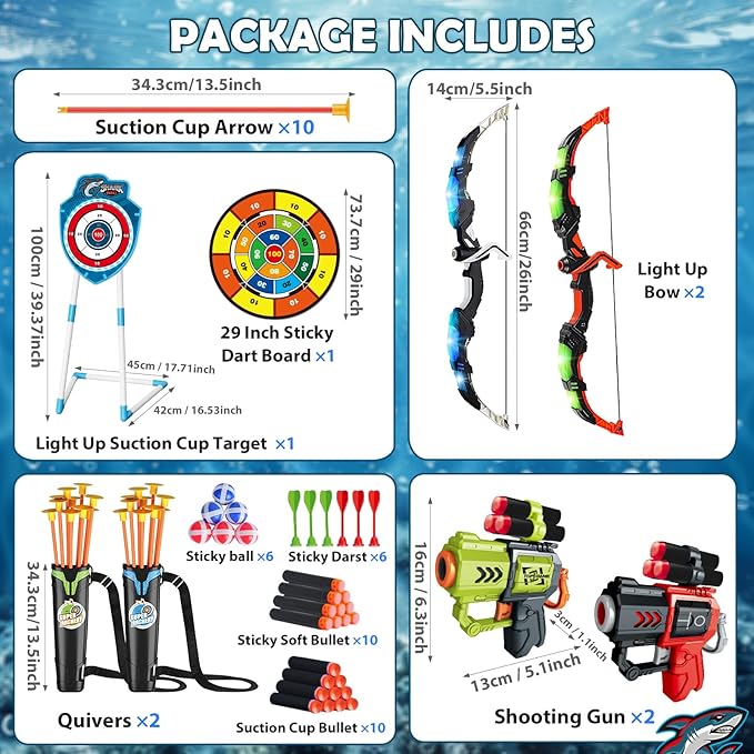 VATOS 2 Pack Bow and Arrow Toy with LED Light - 4 in 1 Archery & Dart Game Set with 20 Suction Cup Arrows, Shark Glow Target & Dart Board - Indoor/Outdoor Birthday Gift for Kids Boys Girls Ages 5-12