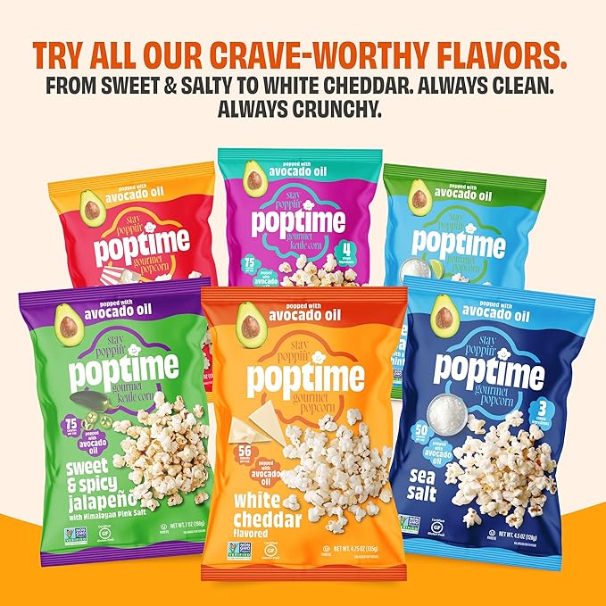 Poptime White Cheddar Popcorn Snack Bags – Gourmet Popcorn Bags, Healthy Snack With Heart-Healthy Avocado Oil, Crunchy, Cheesy, Gluten Free, Vegan, Low Calorie, Non-GMO, Kosher - 4.75 oz - Pack 12