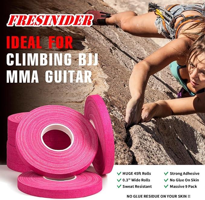 Finger Tape - Strong Athletic Tape | 0.3” x 45 Feet (9 Pack) Tin Set | No Sticky Residue | for Rock Climbing, BJJ Jiu Jitsu, Grappling, Judo, MMA, Rock Climbing and Martial Arts (Pink)