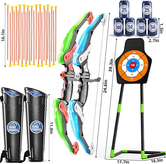 2 Pack Kids Bow and Arrow Set, LED Light Up Archery Toy Set with 30 Suction Cup Arrows, Standing Target, Quiver & 6 Score Targets, Bow and Arrows Set Toys Gift for 3-12 Year Old Kids Boys