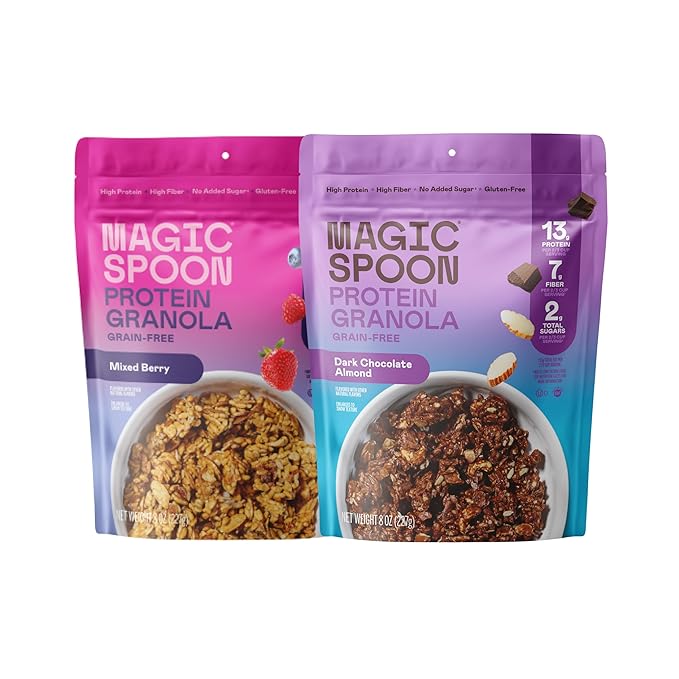 Magic Spoon Protein Granola - High Protein Granola, Keto Friendly, Low Sugar, Grain Free, Healthy Breakfast or Quick Snack (1 bag of each: Mixed Berry, Dark Chocolate Almond)