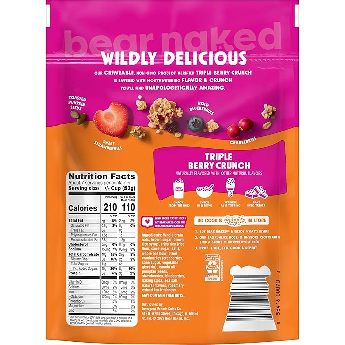Bear Naked Granola Cereal, Vegan, Breakfast Snacks, Triple Berry Crunch (6 Bags)