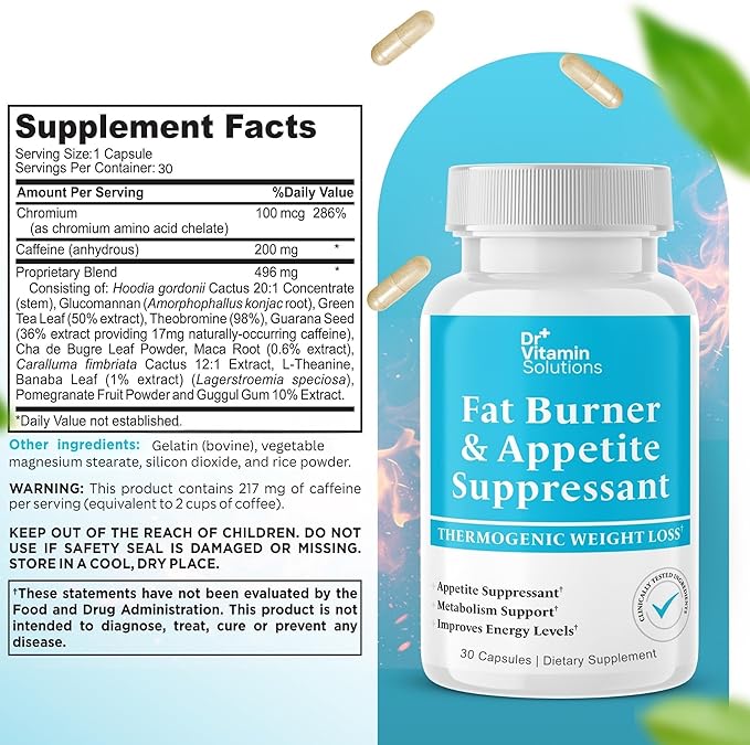 DR VITAMIN SOLUTIONS Fat Burner for Women & Men - Appetite Suppressant for Weight Loss - Pills w/Metabolism Booster Thermogenic Weight Loss Supplement - Chromium, Caffeine & Green Tea - 30 Ct.