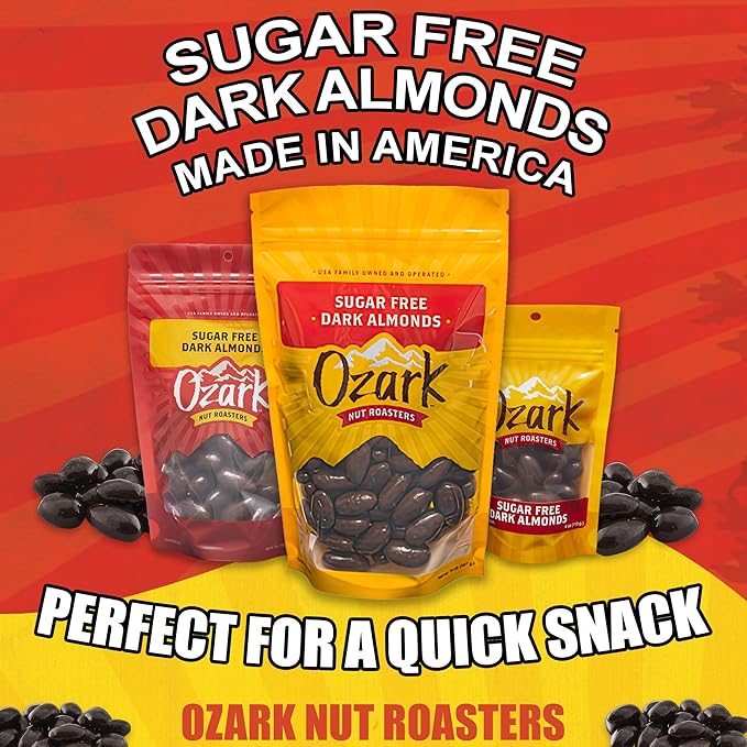 OZARK NUT ROASTERS, Sugar-Free Dark Almonds, Dark Chocolate Flavored Snacks, No Sugar Added, World-Class Gourmet Candied Nuts, Resealable Pack of 2 (14.0 oz)