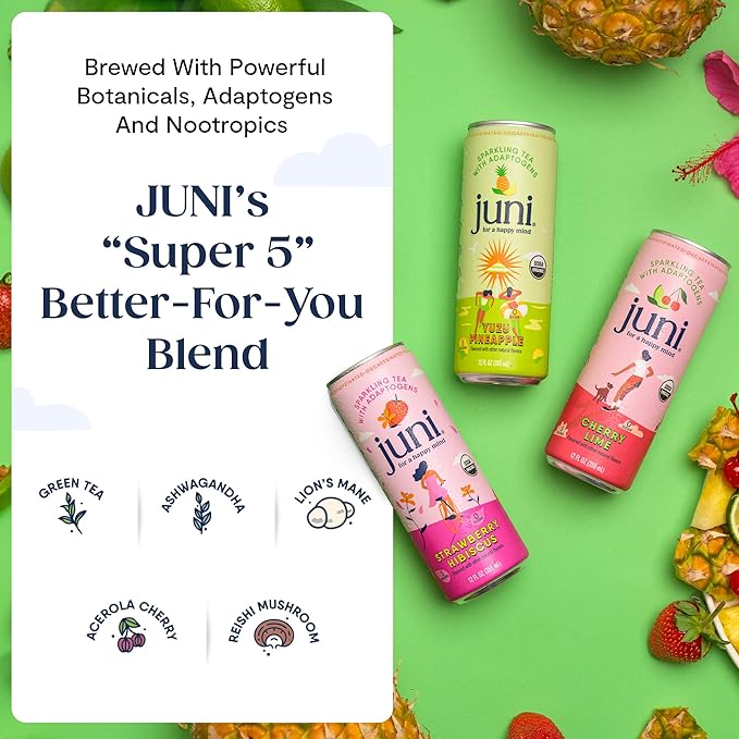 Juni Sparkling Adaptogen Drink with Ashwagandha, Lion’s Mane & Reishi Mushrooms | Green Tea for Focus, Zero Sugar, 5 Calories | Decaffeinated, Non Alcoholic Drinks – Variety Pack (12 Pack)