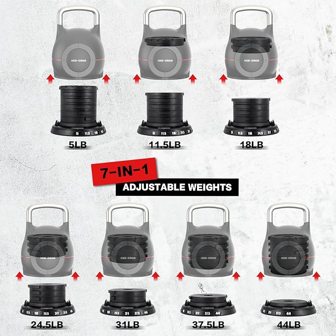 7-in-1 Adjustable Kettlebell, Quick-Adjust Kettlebell for Strength Training, 5-44 LBS Adjustable Weights for Home Gym