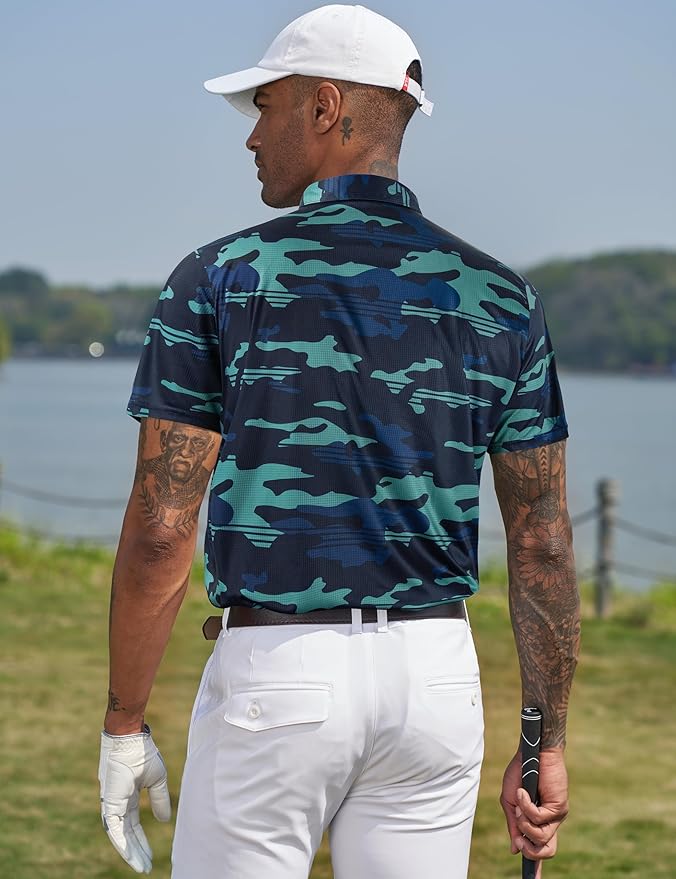 TAPULCO Mens Quick Dry Polo Shirts Camouflage Pattern Performance Athletic Lightweight Breathable Casual Golf Tshirts