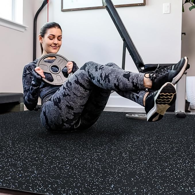 SUPERJARE 0.56'' Thick 12 Pcs 48 Sq Ft Rubber Top Exercise Equipment Mats, High Density EVA Foam Mats with Rubber Top, Interlocking Gym Flooring for Home Gym, Protective Workout Mat, Black/Blue