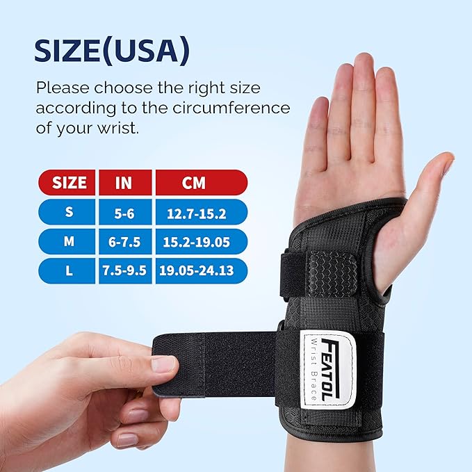 FEATOL 2 Pack Carpal Tunnel Wrist Brace For Work With Wrist Splint, 6.5'' Wrist Brace Night Support For Women Men, Pain Relief For Tendonitis, Arthritis, Pregnancy, Typing, Right and Left Hand, Medium