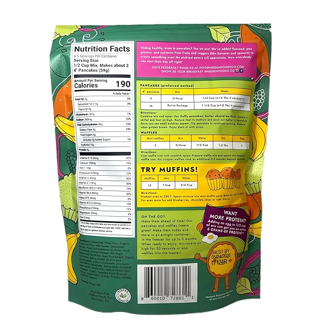 Hidden Foods Cinnamon Pancake Golden Brown Monk Fruit Cinnamon Bun Pancake - Fiber and Protein Churro Pancake Mix with Wheat & Oat Flour Blend of Vegetables - Fully Fiber Waffle Mix Meal 6 Pack