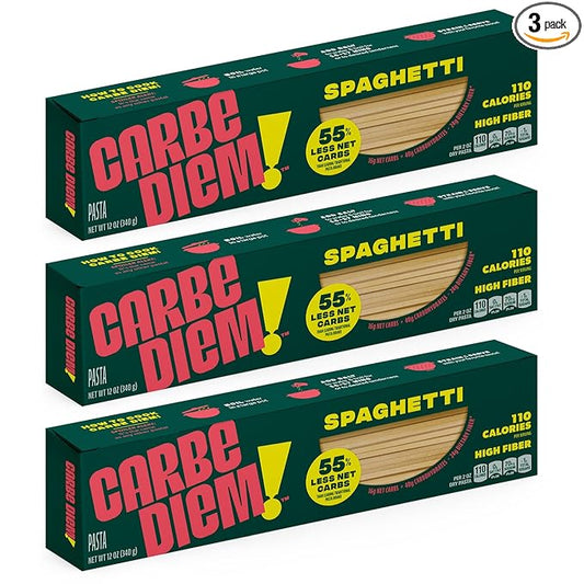 Carbe Diem!, Spaghetti, Lower Net Carb Pasta with Traditional Flavor & Texture, 55% Fewer Net Carbs & Only 110 Calories Per Serving, Pack of 3