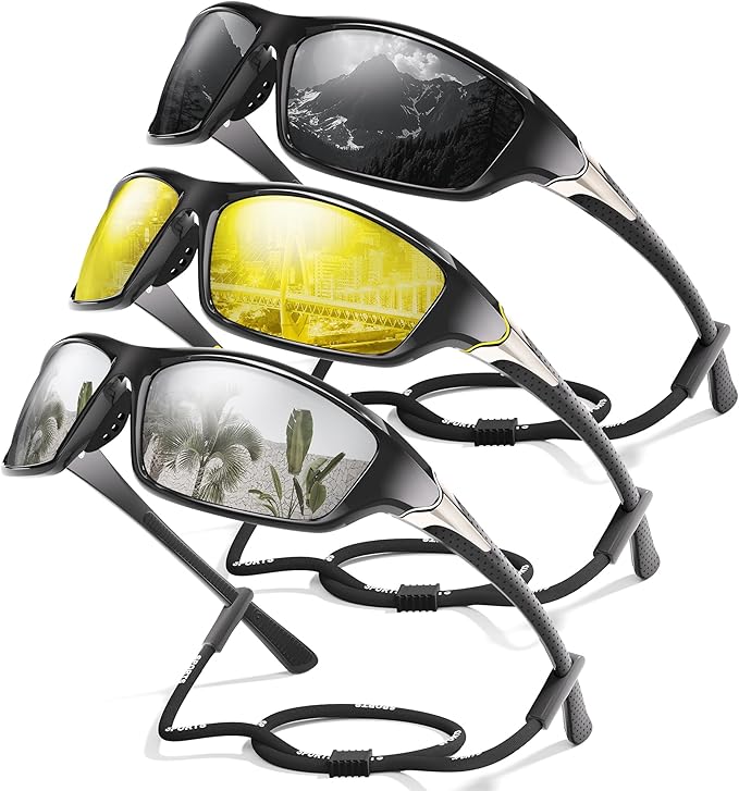 3 Pack Polarized Sports Sunglasses for Men, Mens Sunglasses Wrap Around UV400 Protection for Cycling Fishing Driving