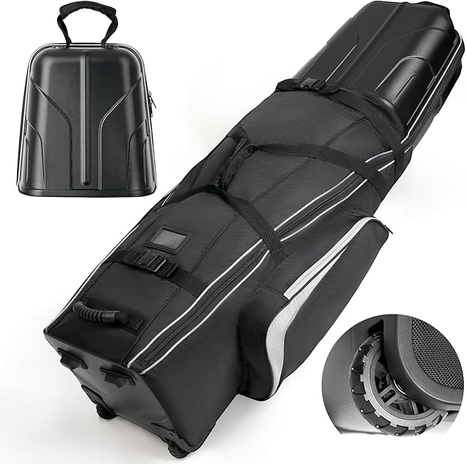 Hard Case Golf Travel Bags for Airlines with Oversize Tank Wheels, 2100D Oxford Fabric Soft Golf Club Carry Bags, Hard Cse Top Protect Club Travel Cover, Foldable for Easy to Maneuver