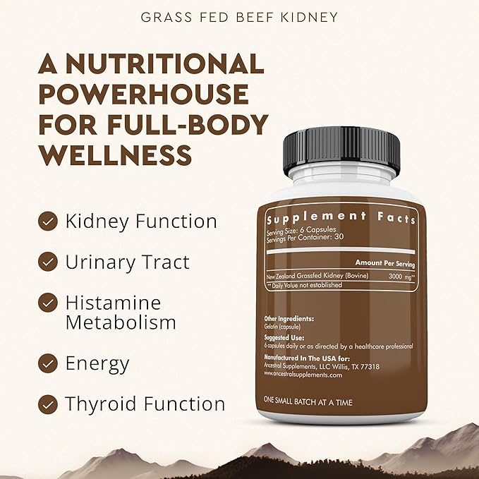 Ancestral Supplements Grass Fed Beef Kidney Supplement, 3000mg, DAO Enzyme Supplement, Kidney Support for Urinary and Histamine Health, Selenium, B12, Non GMO, 180 Capsules