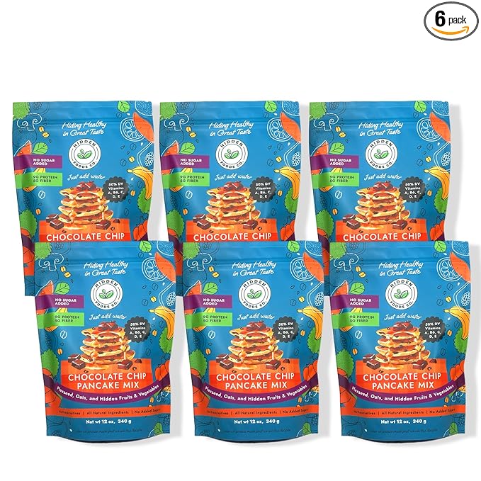 Hidden Foods Chocolate Pancake Mix with Monk Fruit – Chocolate Chip Pancakes Perfect Breakfast - Fiber and Protein Choco Pancake Mix with Wheat & Oat Flour Blend of Vegetables - Waffle Mix 6 Pack