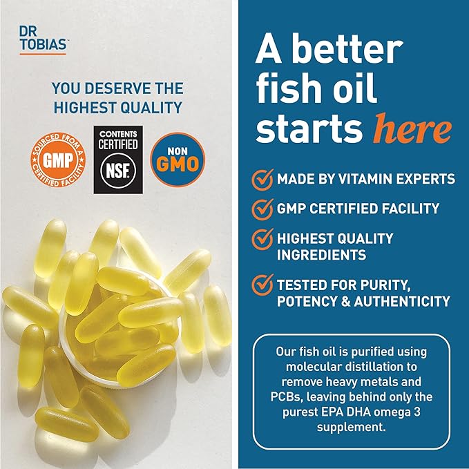 Dr. Tobias Omega 3 Fish Oil, 2000mg Triple Strength with 800mg EPA 600mg DHA Per Serving, Fish Oil Omega 3 Supplements for Heart, Brain & Immune Support, 180 Softgels, 90 Servings