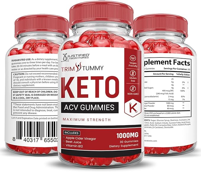 Justified Laboratories (2 Pack Trim Tummy Keto ACV Apple Cider Vinegar Formulated with Pomegranate Beet Juice Powder B12 Vegan Non GMO 120 Gummies