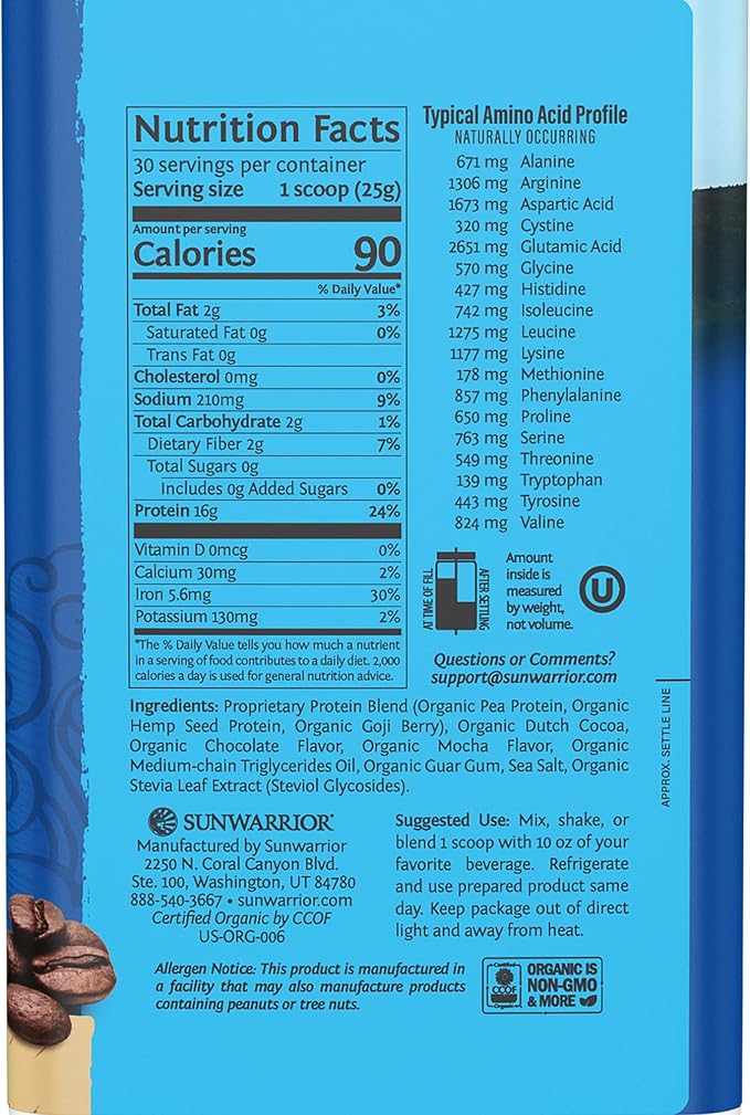 Vegan Protein Powder with BCAA | Organic Hemp Seed Protein Gluten Free Non-GMO Dairy Free Soy Sugar Free Low Carb Plant Based Protein Powder |Mocha 30 SRV 750 G | Warrior Blend by Sunwarrior
