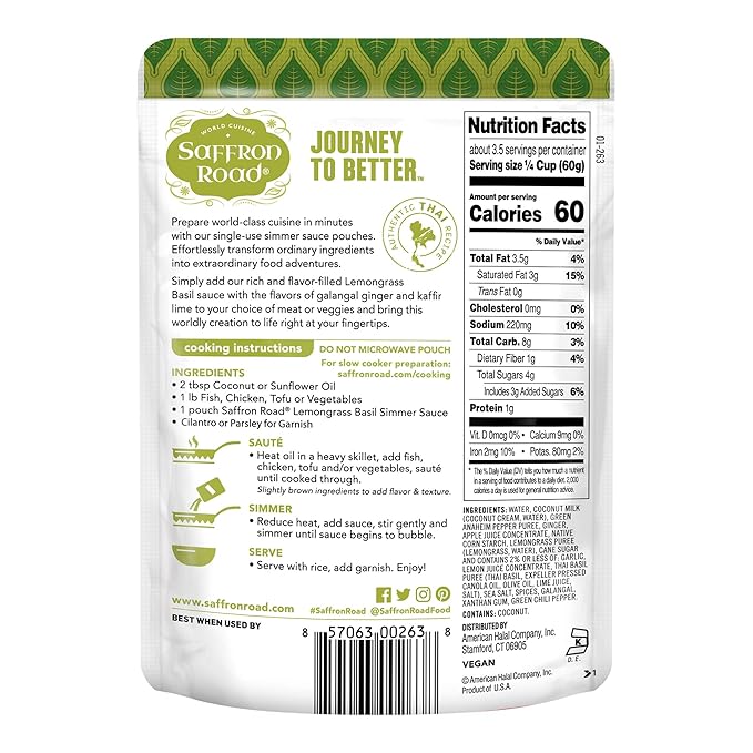 Saffron Road Lemongrass Basil Simmer Sauce | Globally Inspired Simmer Sauce | Gluten-free, Vegan, Non-GMO, and Certified Halal and Kosher | 7.0oz Pouch | Pack of 8