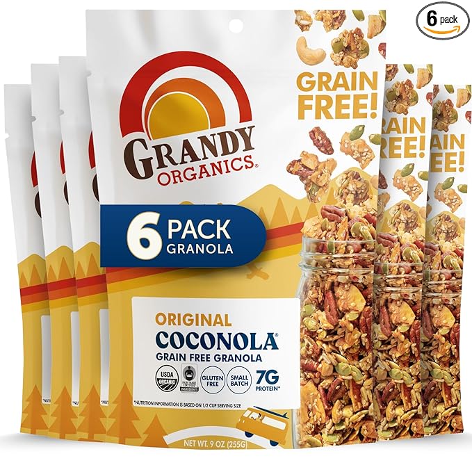 Grandy Organics Original Coconola Granola, Certified Organic Gluten Free Granola, Grain Free, Vegan and Paleo, Original Flavor Coconola, 9oz Each, Pack of 6
