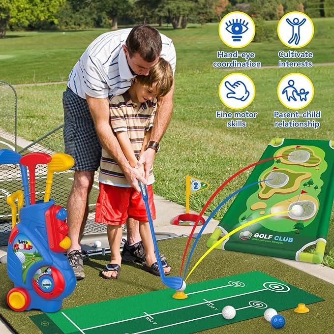 Liberry Toddler Golf Set for 2 3 4 5 Years Old Boys Girls, Upgraded Kids Golf Cart with Golf Cornhole Board & Putting Mat, Indoor and Outdoor Golf Toys Birthday Gift