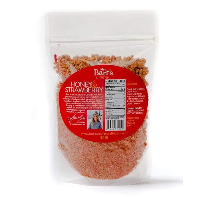 Mrs. Barr’s Natural Foods Granola | Honey & Strawberry | Certified Organic Gluten Free Oats | Soft Texture | Small Batch | Gourmet Quality | Real Ingredients | 10 Ounces (3 Pack)