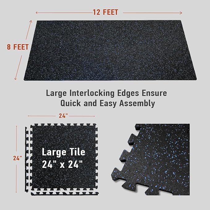 AIRHOP 0.56in Thick 96 Sq Ft Exercise Equipment Mats, 24Tiles Upgraded Rubber Top with High Density EVA Foam, Large Interlocking Puzzle Gym Flooring for Home Gym, Heavy Weight Workout, Black & Blue