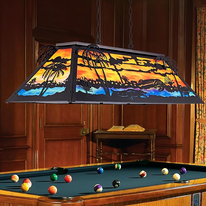 TOCHIC 48” Vintage Pool Table Light, 6-Light Farmhouse Dining Room Chandelier, Billiards Light Fixture with Tiffany-Style for Game Room Kitchen Island Chandelier Man Cave Club Bar