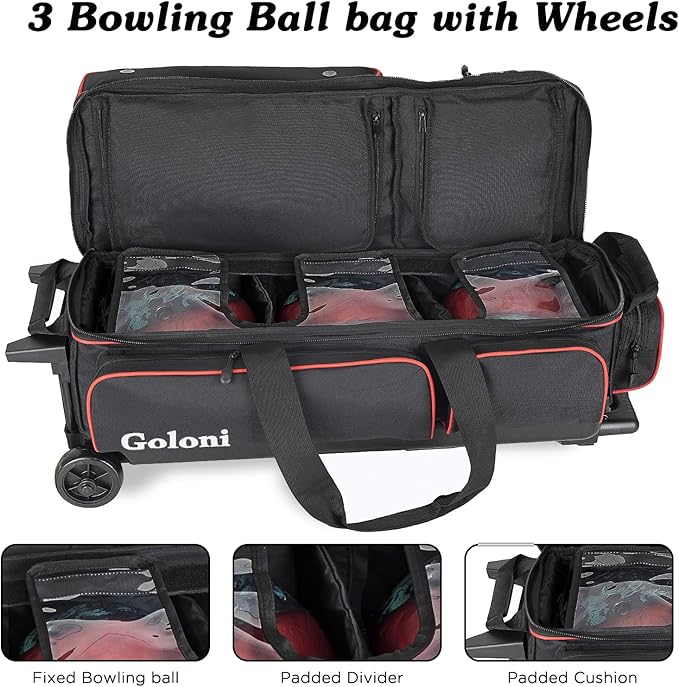 Goloni 3 Ball Bowling Bags with Wheels - Rolling Bowling Bag for 3 Balls & Accessories - Retractable Handle Extends to 38