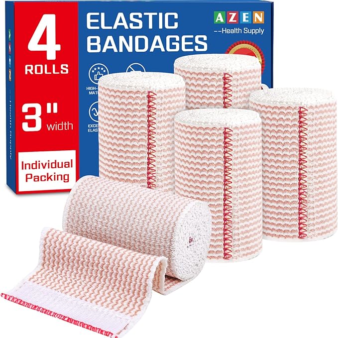 AZEN Premium 4 Pack Elastic Bandage Wrap 3 Inch, Compression Wrap Bandage for Legs, Lymphedema Wraps for Legs, Ankle, Knee, Tummy, Body