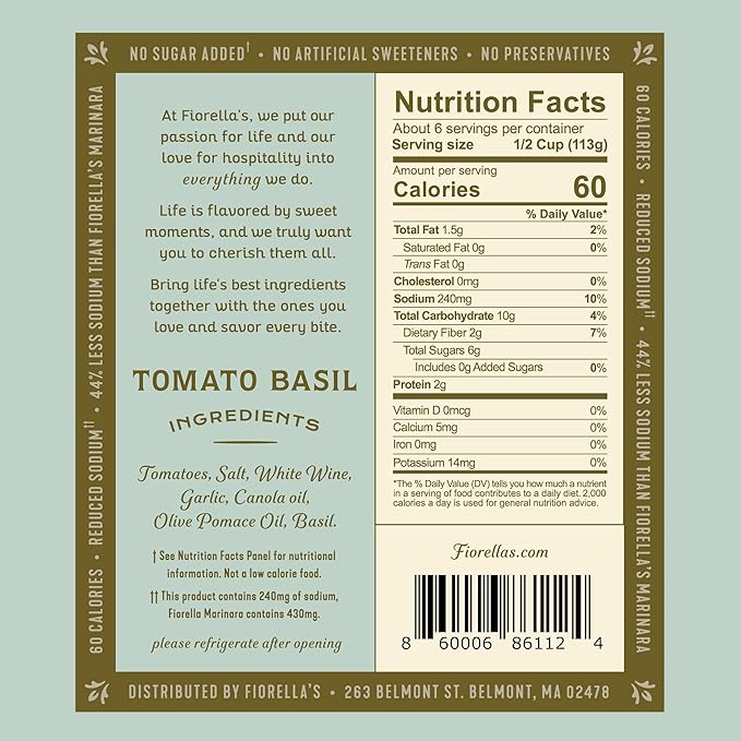 Fiorella's Tomato Basil Pasta Sauce - Tomato Sauce Made with Fresh Ingredients - No Sugar Added, Vegan, Gluten Free, No Preservatives Added, Reduced Sodium, Pasta Sauce, 25 Oz (Pack of 2)