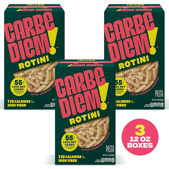 Carbe Diem!, Rotini, Lower Net Carb Pasta with Traditional Flavor & Texture, 55% Fewer Net Carbs & Only 110 Calories Per Serving, Pack of 3