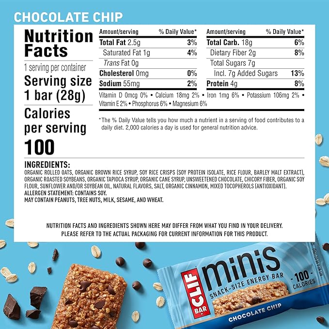 CLIF BAR Minis - Chocolate Chip - Made with Organic Oats - 4g Protein - Non-GMO - Plant Based - Snack-Size Energy Bars - 0.99 oz. (20 Pack)