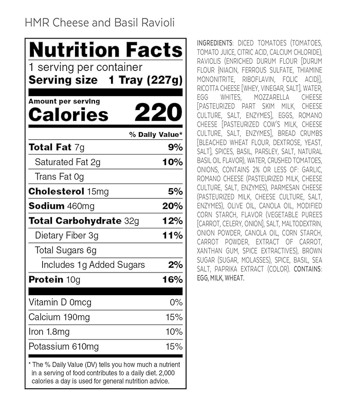 HMR Cheese and Basil Ravioli Entrée | Pre-packaged Lunch or Dinner | Ready to Eat | Vegetarian | 10g of Protein | Low Calorie Food | 8oz Serving per Meal | Pack of 6