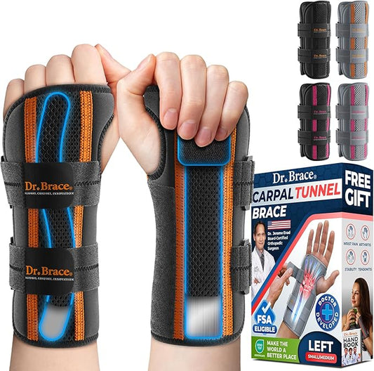DR. BRACE Adjustable Wrist Brace Night Support for Carpal Tunnel, Doctor Developed, Upgraded with Double Splint & Therapeutic Cushion, Hand Brace For Pain Relief, Injuries, Sprains