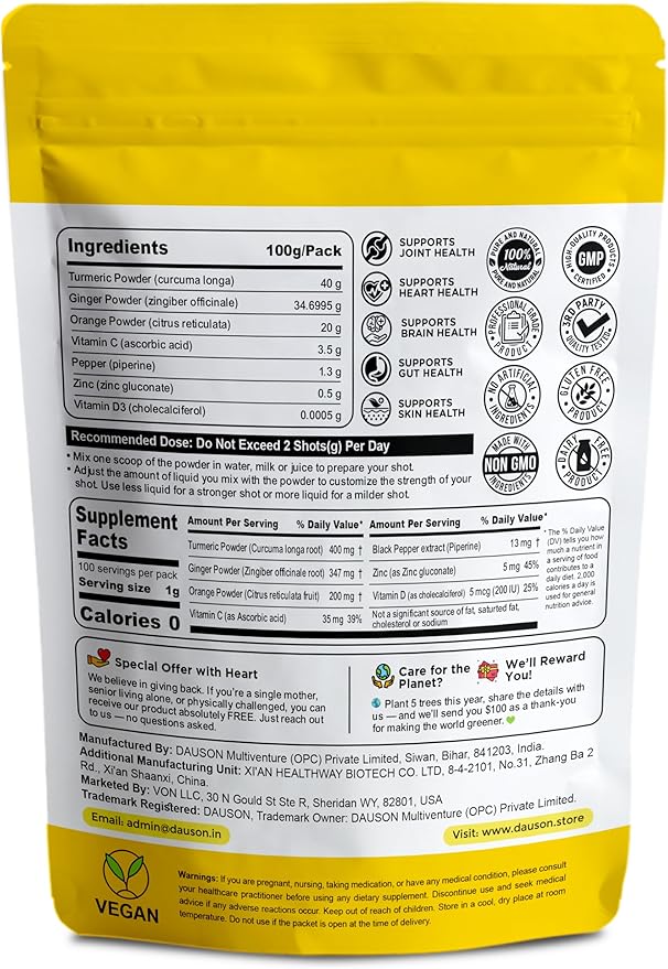 Turmeric Ginger Supplements with Piperine, Vitamin C, Vitamin D3 & Zinc | Turmeric Ginger Shots for Joint, Heart, Brain, Gut & Skin Health | 100 Servings | Ayurvedic | Powder