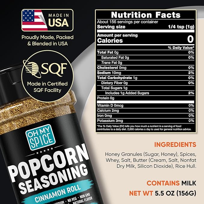 Popcorn Seasoning Buttery Cinnamon Roll Mix - Gluten Free & Low Sodium Cinnamon Powder Blend Popcorn Flavoring Seasoning. Healthy Movie Night Pop Corn Toppings. Sweet Pop Corn Salt Seasonings. 5.5oz