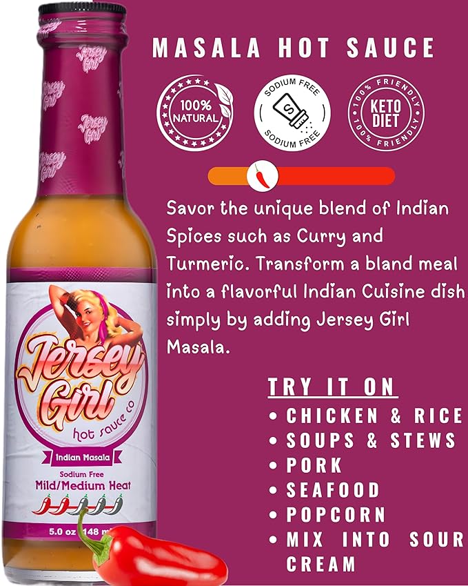 Jersey Girl Indian Masala Habanero Hot Sauce 5oz | Keto Friendly | No Added Salt, Naturally Sodium Free | Flavors of Curry, Coriander, & Cumin