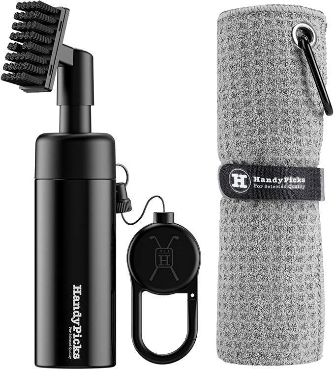 Handy Picks Golf Club Cleaner with Water Bottle Holds 5.5 OZ, Heavy Duty Metal Retractable Magnetic Clip, Waffle Microfiber Golf Towel, Ideal Water Brush Combo