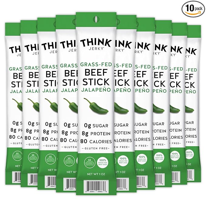 Think Jerky Jalapeno Beef Sticks, Gluten and Sugar Free, No Nitrates, Keto Paleo Friendly High Protein Low Carb Meat Snack - 1.0 oz Sticks, 10 Pack