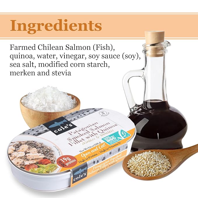 COLE’S - Patagonian Smoked Salmon Fillet with Quinoa| Ready to Eat Meal | 5.6 oz Hand-Packed Canned Fish | 19g Protein | High in Vitamin D | 24 pack