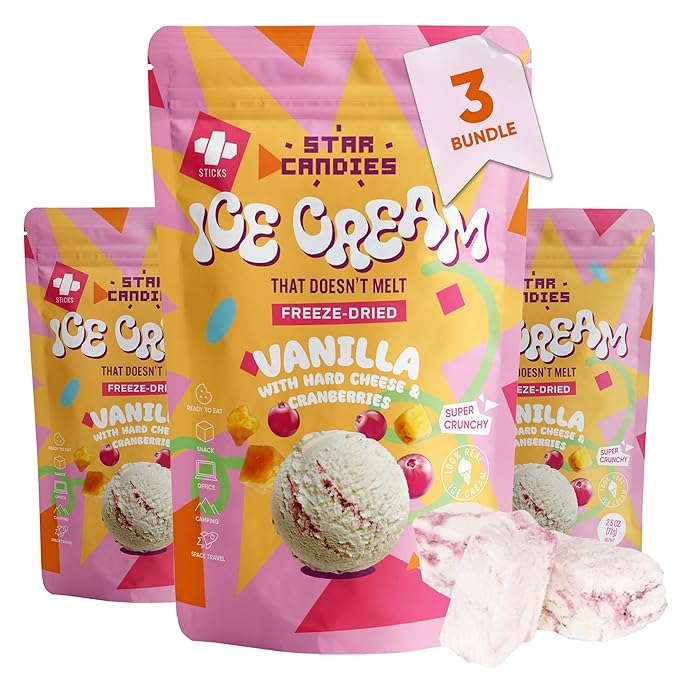 Star Candies Freeze Dried Ice Cream Hard Cheese with Cranberries | No Melting Freeze Dried Candy | Crunchy Camping Food | Premium Astronaut Ice Cream for Kids and Adults | Space and Astronaut Snack | Gift Set for Birthday or Party (7.5 oz; 3 pack)