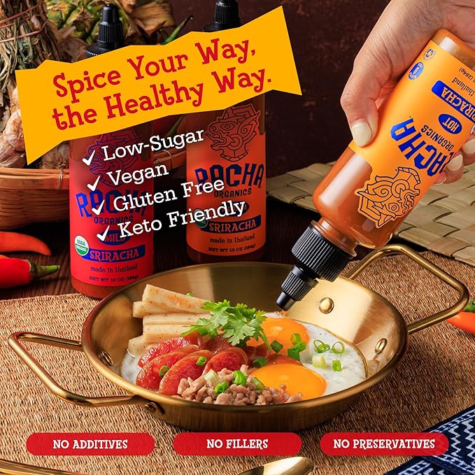 Racha Organics Sriracha Hot Sauce - USDA Organic Sriracha Sauce Made with Estate-Grown Thai Chili Peppers - Low-Sugar, Non-GMO, Gluten Free, Keto Friendly - 10oz - Made in Thailand