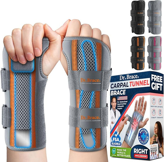 DR. BRACE Adjustable Wrist Brace Night Support for Carpal Tunnel, Doctor Developed, Upgraded with Double Splint & Therapeutic Cushion, Hand Brace For Pain Relief, Injuries, Sprains