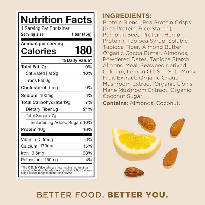 Laird Superfood Functional Protein Bars – Protein Bar but Better with Real Ingredients, Functional Mushrooms 10g Plant-Based Protein, 6g Fiber - Non-GMO - Lemon Almond, 10 Count (Pack of 1)